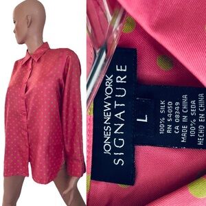 JONES NEW YORK Signature POLKA DOT Print SILK Button Down SHIRT Size Large